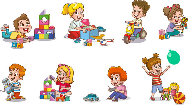 Set collection of vector cute baby kids characters playing with toys doing activities in different poses. Children jump, move, have fun in a good mood, play, hang out with different emotions.