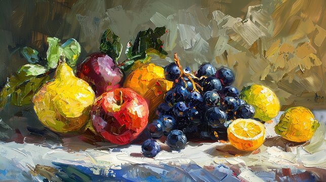 Oil paint, CÃ©zanne's fruit still life, rich colors, midday light, macro, textured realism. 