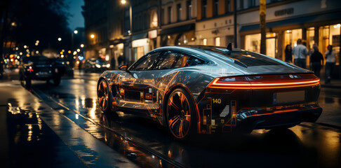AI beautiful futuristic car in the city, artificial intelligence transportation - obrazy, fototapety, plakaty