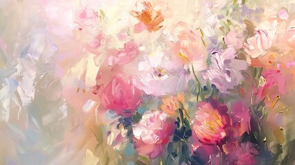 Abstract Oil painting, watercolor florals, pastel blooms, golden hour, close-up, delicate brushwork.
