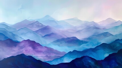 Oil painting, watercolor mountains, cool purples and blues, afternoon light, panoramic, misty layers.  - obrazy, fototapety, plakaty
