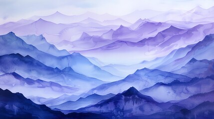 Oil painting, watercolor mountains, cool purples and blues, afternoon light, panoramic, misty layers. - obrazy, fototapety, plakaty