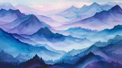 Oil painting, watercolor mountains, cool purples and blues, afternoon light, panoramic, misty layers. 
