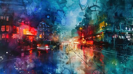 Abstract Oil painting, watercolor urban scene, vibrant street life, twilight, wide lens, wet-on-wet technique. - obrazy, fototapety, plakaty