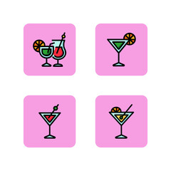 Cocktail line icon set. Different cocktails in glasses with straw, citrus and olive. Beverage and celebrstion concept. Can be used for topics likefestival, lounge, party.