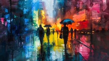 Abstract Oil painting, watercolor urban scene, vibrant street life, twilight, wide lens, wet-on-wet technique.