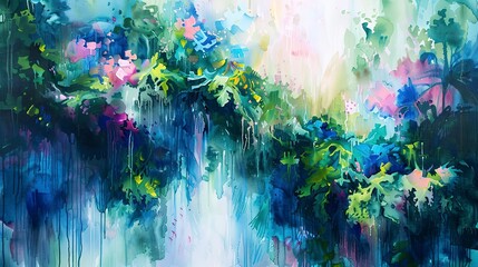 Abstract Oil painting, watercolor garden, lush vegetation, dawn light, panoramic, spontaneous color drips.  - obrazy, fototapety, plakaty