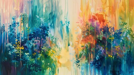 Abstract Oil painting, watercolor garden, lush vegetation, dawn light, panoramic, spontaneous color drips.