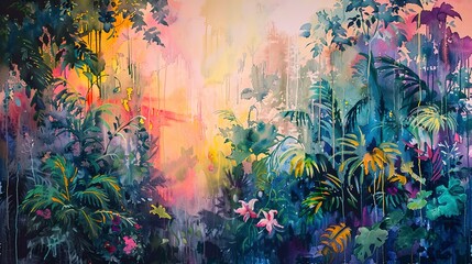 Fototapeta na wymiar Abstract Oil painting, watercolor garden, lush vegetation, dawn light, panoramic, spontaneous color drips.