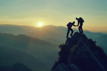 Beautiful Men. Silhouette of Two Traveling Friends Assisting Each Other in Extreme Mountain Climbing - obrazy, fototapety, plakaty