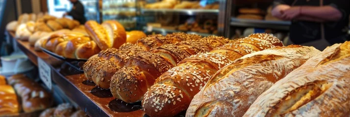 Selbstklebende Fototapeten Bread Loafs. Assorted Bakery Products Featuring Fresh Breads and Breakfast Rolls © AIGen