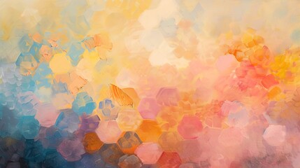 Abstract Oil painting, interlocking hexagons, pastel palette, golden hour, wide lens, honeycomb effect. 