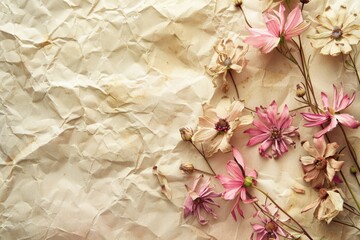 Flowers Texture. Vintage Botanical Wallpaper with Pink Blossoms on Old Paper