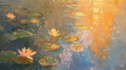 Fototapeta na wymiar Abstract Oil painting, water lilies impression, soft pastels, golden hour, close-up, serene water effect. 