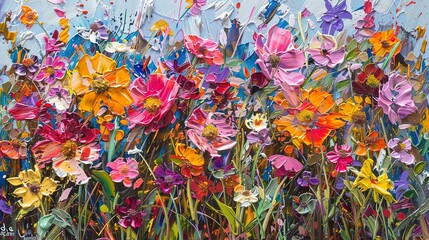 Oil paint, blooming chaos, vibrant floral mix, dawn light, wide angle, wild texture. 9