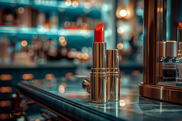 Red lipstick on a luxury store - obrazy, fototapety, plakaty