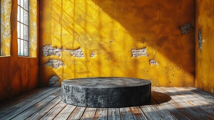 An empty product black cylinder podium from nature stone set against yellow wall background