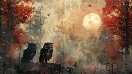 Haunted Autumn Forest Feast Owls Dining Amidst Spooky Trees and Fog