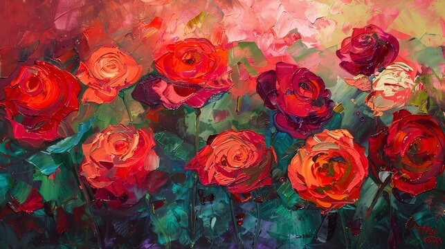 Oil painting, abstract roses, bold reds and greens, twilight, panoramic, layered petals. 