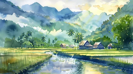 Fotobehang Watercolor of rural landscape.   © Tomdv