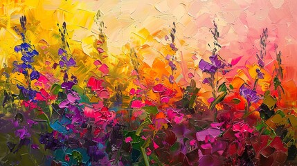 Oil paint, wildflower abstract, riot of colors, sunset, wide lens, nature's splendor. 