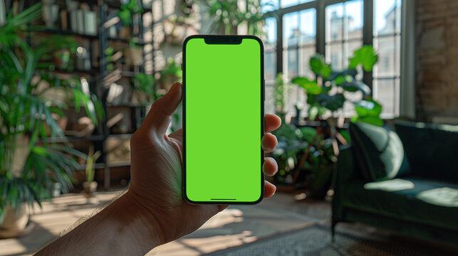 hand holding a smartphone with green screen at a living room with plants, veggie style, plants app, put your design