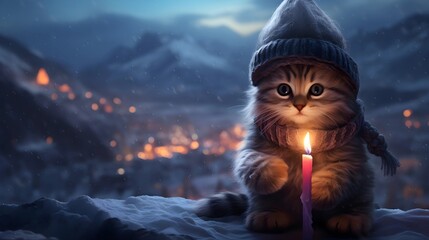 A kitten in a hat on a background of mountains, holding a candle, Christmas.  - obrazy, fototapety, plakaty