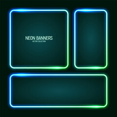 Glowing neon banners, illuminated colorful square frames. Shiny vibrant border, glow effect. Azure vintage retro lights, night illumination. Modern futuristic UI design elements. Vector illustration