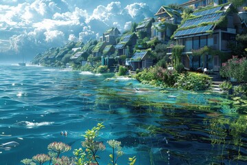 Futuristic Conceptual coastal community sustained by wave and tidal energy, Quaint homes with solar roofs cascade down a seaside hill; waves gently lap at lush shorelines, sun glimmers on water,