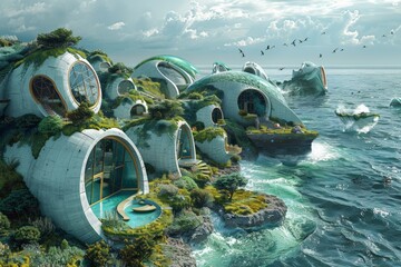 Futuristic Conceptual coastal community sustained by wave and tidal energy, Eco-friendly domes on rocky sea islets; waves crash, greenery thrives on concrete, harmony of innovation and nature. - obrazy, fototapety, plakaty