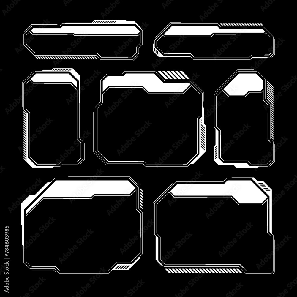 Poster White futuristic HUD, UI elements. Sci-fi user interface text boxes, callouts. Warning message frames, information boxes template. Modern game interface layout in digital style. Vector illustration