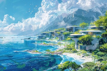 Futuristic Conceptual coastal community sustained by wave and tidal energy, Tranquil seascape with advanced, eco-friendly architecture nestled in cliffs, under clear blue skies, - obrazy, fototapety, plakaty