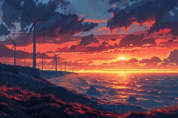 wind turbines standing tall on a windy coast at sunset, Sunset over beach with wind turbines, dynamic clouds painting the sky in fiery tones, symbolizing clean energy in natural settings. - obrazy, fototapety, plakaty