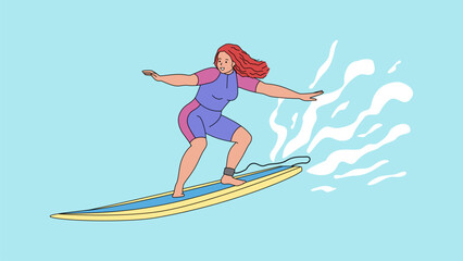 An active red-haired girl rides a surfboard. A woman surfer on board catches a wave. Surfing, extreme water sports. Balancing on the water. Sea ocean. Vector illustration on blue background