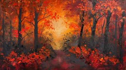 Oil painting, autumn forest, rich oranges and reds, twilight, panoramic, leaf detail. 