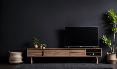 Cabinet for TV and accessories decor in living room interior on empty dark wall background
