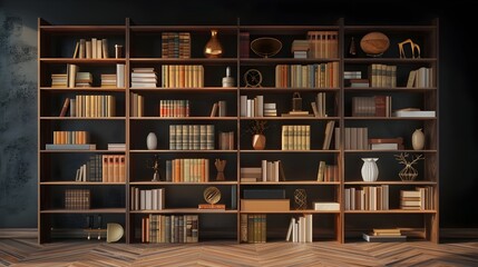 Elegant 3D-Rendered Bookshelf with Diverse Literary Collection in Cozy Home or Office Setting