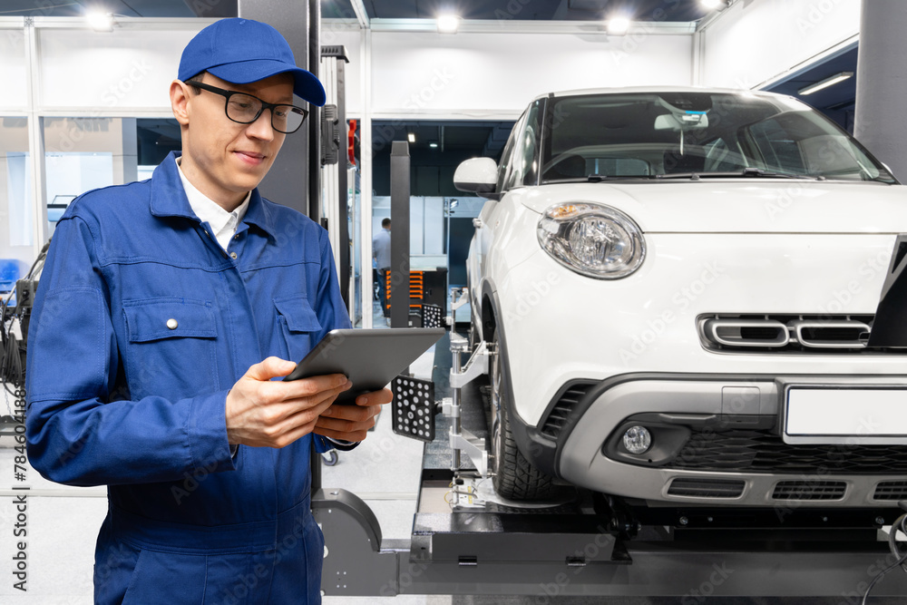 Poster Serviceman with digital tablet on the background of the car in the car service..
