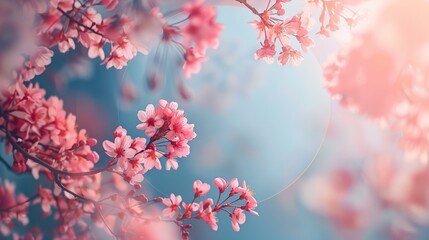 Pop art-inspired photo, circular frame with stylized cherry blossoms, Delicate cherry blossoms against a soft blue sky, petals in vibrant pink hues, evoke spring's ephemeral beauty.