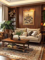 Luxurious and Inviting Living Room with Warm Wooden Accents and Artful Decor
