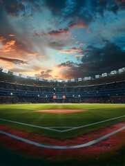 Magnificent Stadium with Vibrant Sunset Sky Backdrop and Playing Field