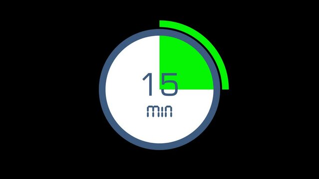Animated countdown timer 0 to 15 minute and then counting down 15 to 0. clock, stopwatch, video motion animation isolated on alpha channel background.