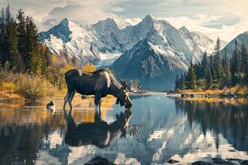 A moose is depicted drinking water from a serene lake in a realistic painting