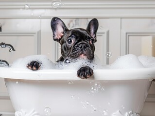 Happy, playful adorable french bulldog puppy with bubbles on his face in the cast iron double-ended clawfoot tub. Studio photography effect