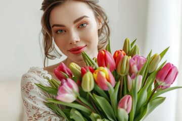 Fototapeta premium Beautiful smiling caucasian young woman with a bouquet of fresh tulips in her hands. AI generated