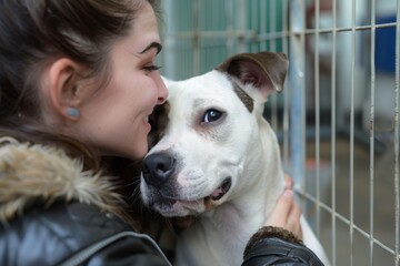 Young cute woman wants to adopt beautiful dog at animal shelter