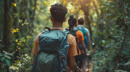 Fototapeta na wymiar A group of friends embarking on a local hiking trail, their path taking them through lush forests and leading to breathtaking viewpoints.