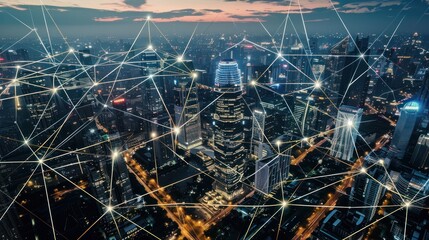 View of tall buildings with smart city connection network - obrazy, fototapety, plakaty