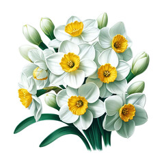 Fototapeta premium Bouquet of elegant white narcissus isolated on white background. Design element for greeting cards, invitations, cover, wedding decoration.