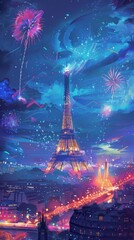 ILLUSTRATION of the Eiffel Tower at night Aspect ratio 9:16 with celebration fireworks concept Paris 2024 Olympic Games. sports, olympics